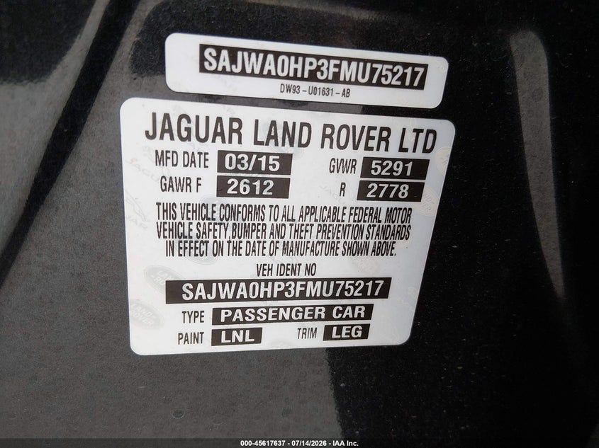 2015 Jaguar Xf 5.0L Supercharged VIN: SAJWA0HP3FMU75217 Lot: 45617637