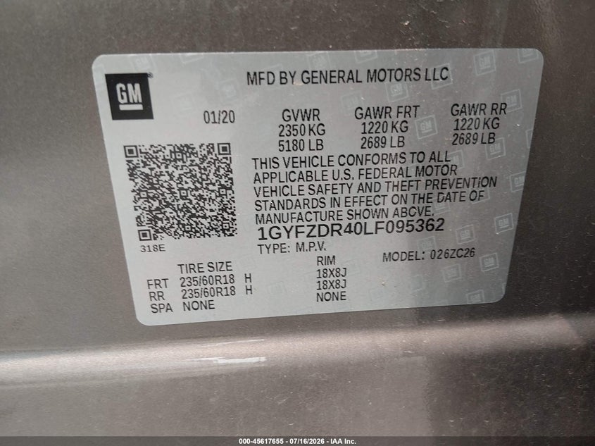 CADILLAC XT4 2020 VIN 1GYFZDR40LF095362