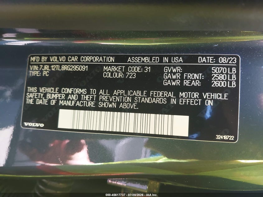2024 Volvo S60 B5 Plus Dark Theme VIN: 7JRL12TL8RG295091 Lot: 45617737