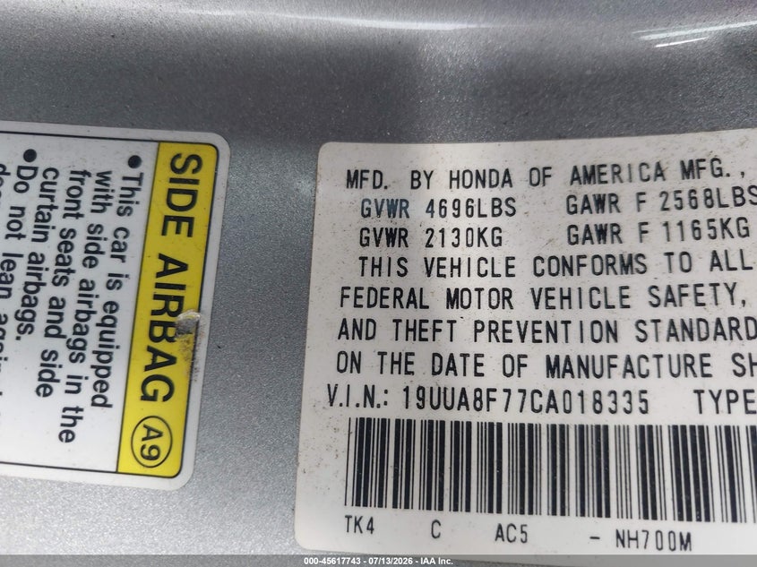 2012 Acura Tl 3.5 VIN: 19UUA8F77CA018335 Lot: 45617743