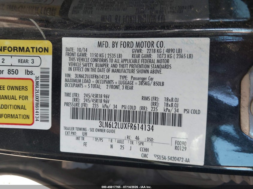 2015 Lincoln Mkz Hybrid VIN: 3LN6L2LUXFR614134 Lot: 45617765