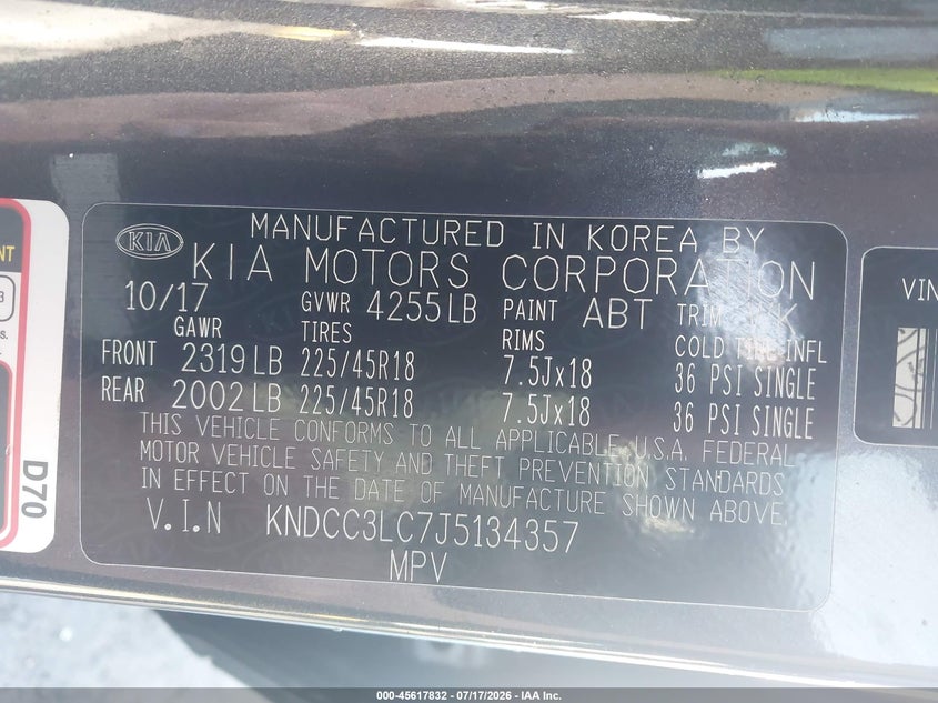 2018 Kia Niro Ex VIN: KNDCC3LC7J5134357 Lot: 45617832