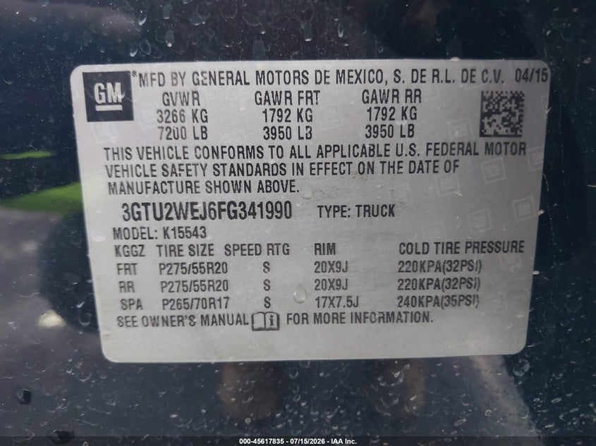 2015 GMC SIERRA TRUCK 5.3L V-8 DI, VVT, 355HP