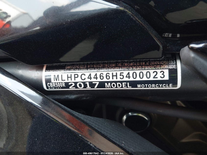 2017 Honda Cbr500 R VIN: MLHPC4466H5400023 Lot: 45617842