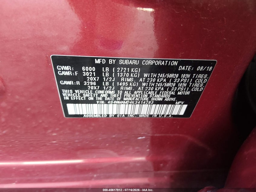 2019 Subaru Ascent Limited VIN: 4S4WMAMD4K3414283 Lot: 45617912