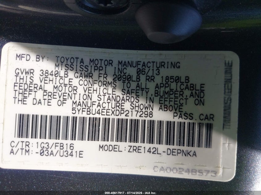 2013 TOYOTA COROLLA SEDAN 1.8L I-4 DOHC, VVT, 132HP
