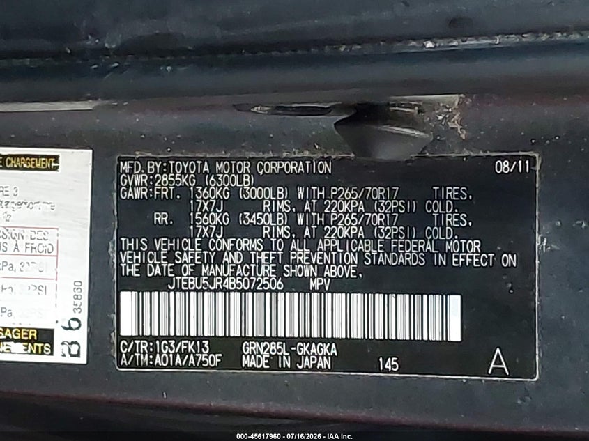 2011 Toyota 4Runner Sr5 V6 VIN: JTEBU5JR4B5072506 Lot: 45617960