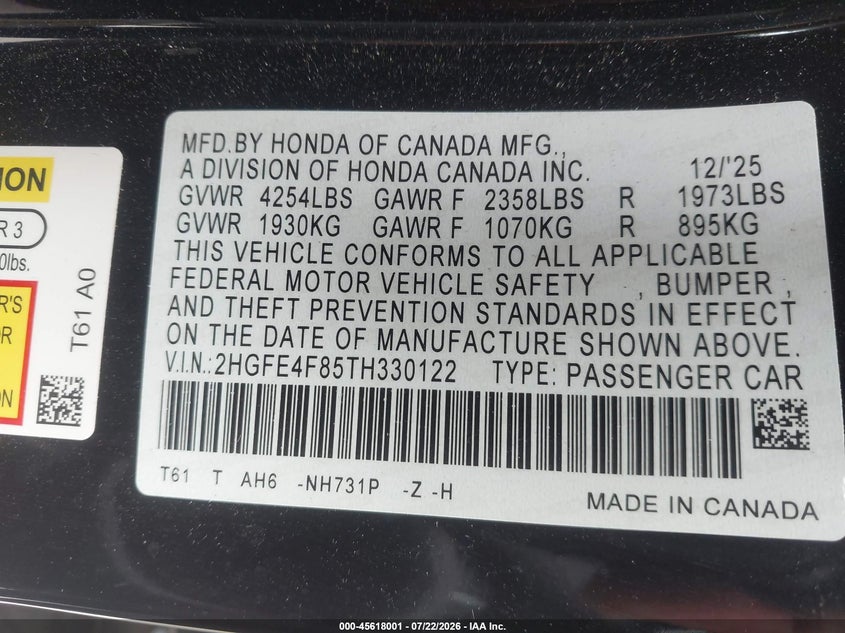 2026 HONDA CIVIC SEDAN 2.0L I-4 DI, DOHC, VVT, 141HP