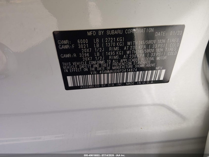 2023 Subaru Ascent Limited 7-Passenger VIN: 4S4WMAUD6P3414874 Lot: 45618003