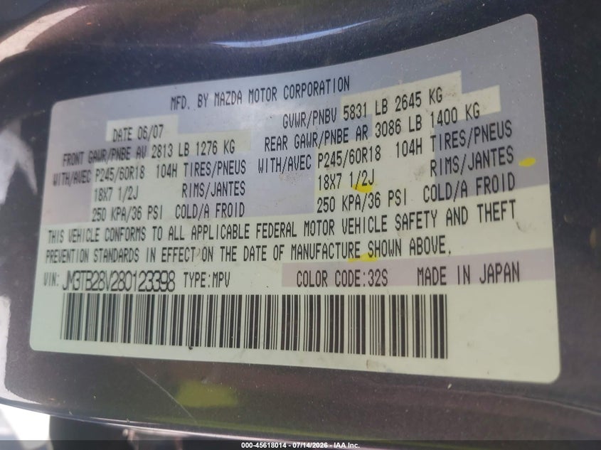2008 Mazda Cx-9 Sport VIN: JM3TB28V280123398 Lot: 45618014