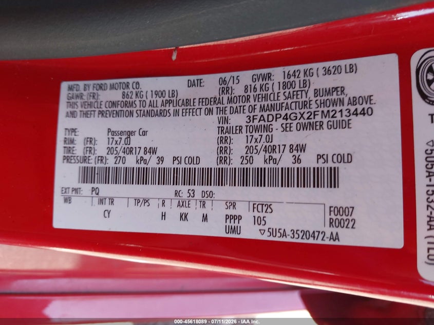 2015 Ford Fiesta St VIN: 3FADP4GX2FM213440 Lot: 45618089