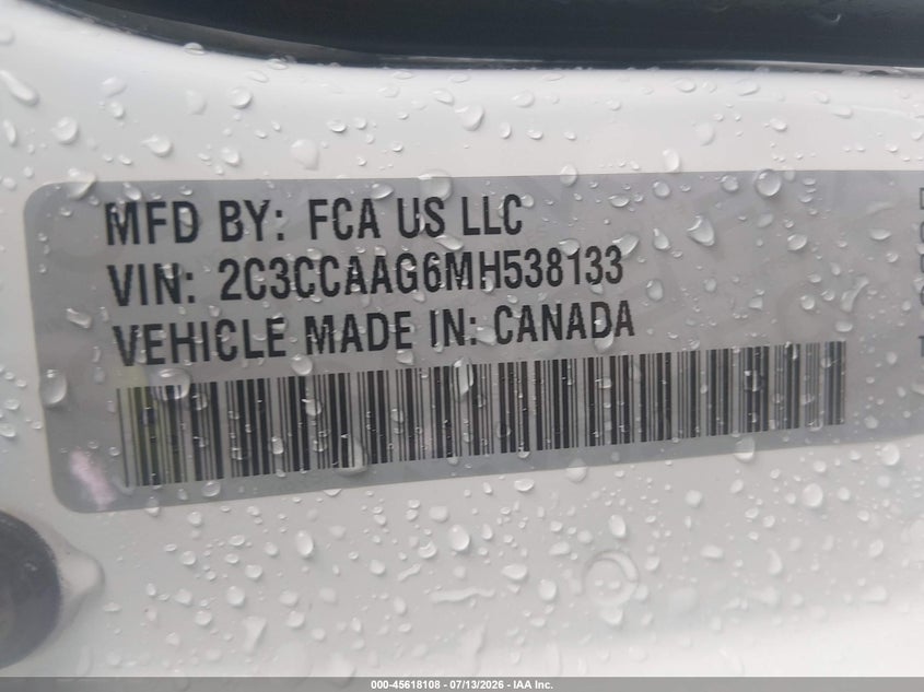 2021 Chrysler 300 Touring VIN: 2C3CCAAG6MH538133 Lot: 45618108