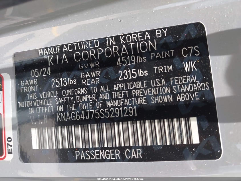 2025 Kia K5 Gt-Line VIN: KNAG64J75S5291291 Lot: 45618134