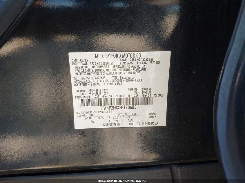 2015 Ford Taurus Limited VIN: 1FAHP2F8XFG170685 Lot: 45618140