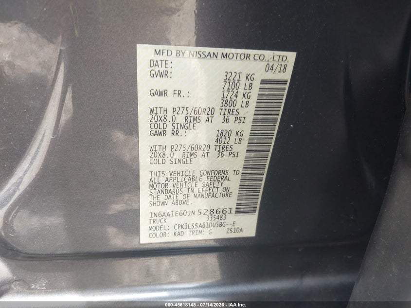 2018 Nissan Titan Sv VIN: 1N6AA1E60JN528661 Lot: 45618148