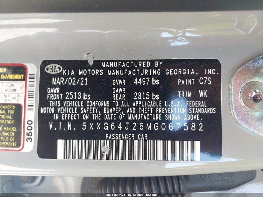 2021 Kia K5 Gt-Line VIN: 5XXG64J26MG067582 Lot: 45618174