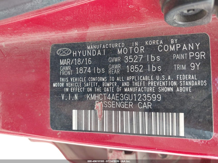 2016 Hyundai Accent Se VIN: KMHCT4AE3GU123599 Lot: 45618185