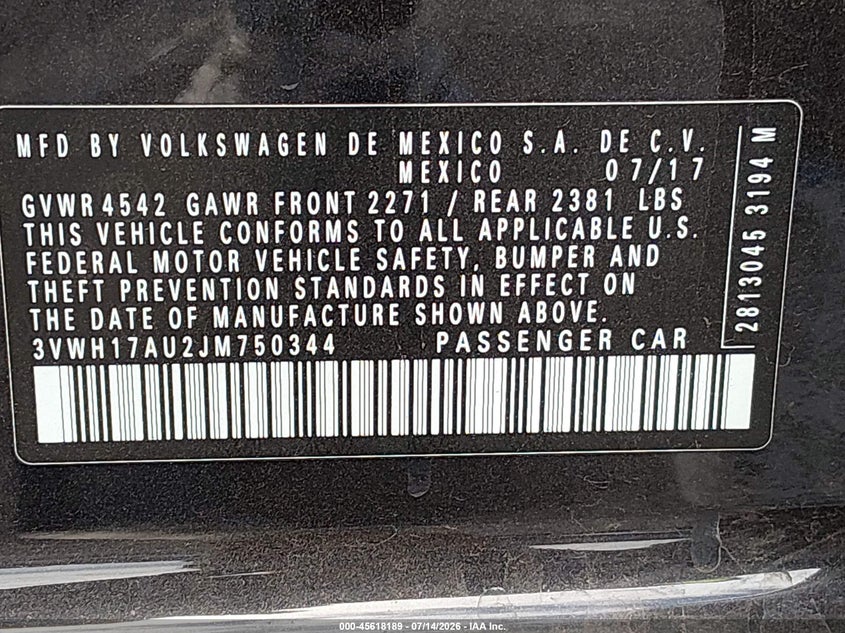 2018 Volkswagen Golf Alltrack Tsi S/Tsi Se/Tsi Sel VIN: 3VWH17AU2JM750344 Lot: 45618189