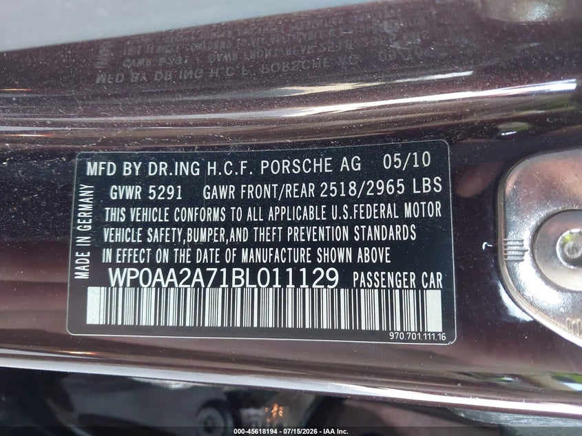 2011 Porsche Panamera 4 VIN: WP0AA2A71BL011129 Lot: 45618194