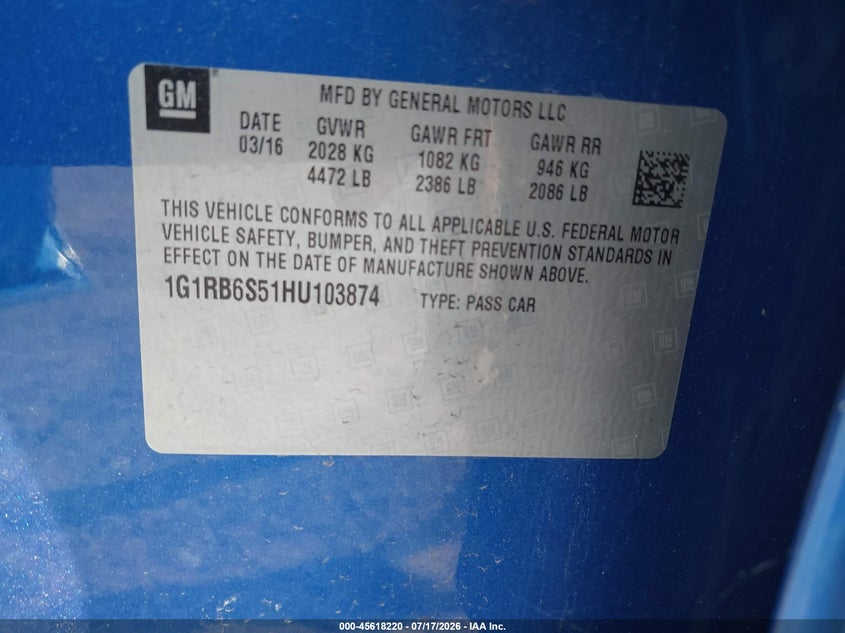2017 Chevrolet Volt Premier VIN: 1G1RB6S51HU103874 Lot: 45618220