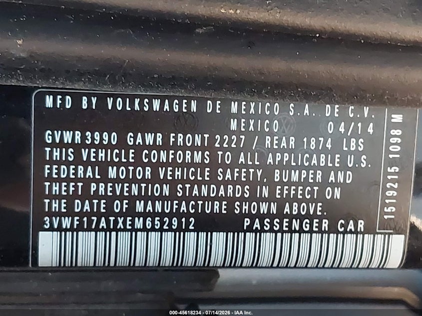 2014 Volkswagen Beetle 1.8T Entry VIN: 3VWF17ATXEM652912 Lot: 45618234