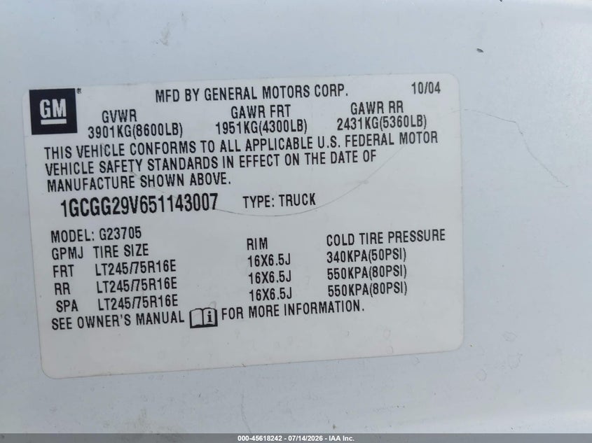2005 Chevrolet Express Cargo Van VIN: 1GCGG29V651143007 Lot: 45618242