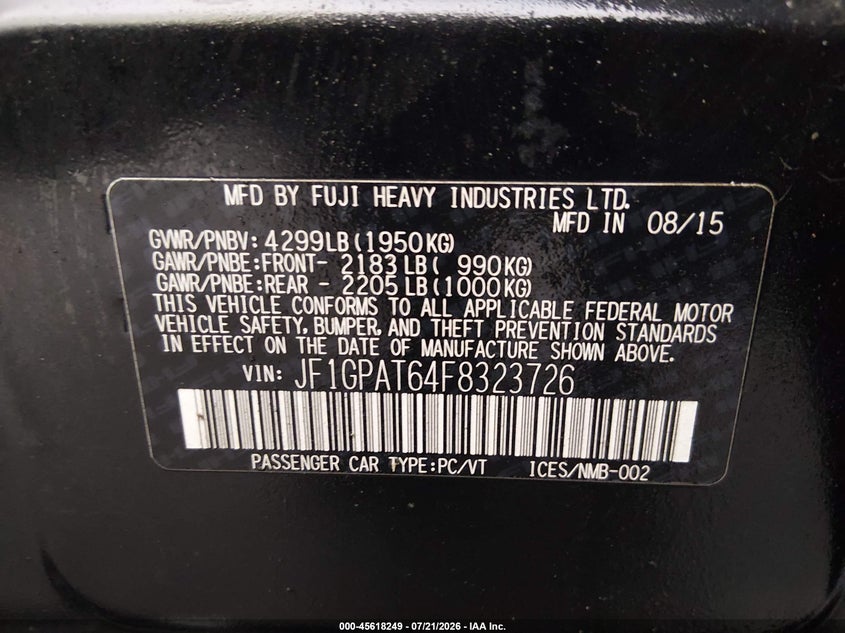2015 Subaru Impreza 2.0I Sport Premium VIN: JF1GPAT64F8323726 Lot: 45618249