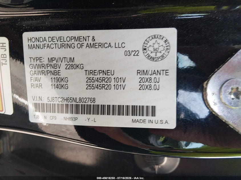 2022 Acura Rdx A-Spec Package VIN: 5J8TC2H65NL802768 Lot: 45618258