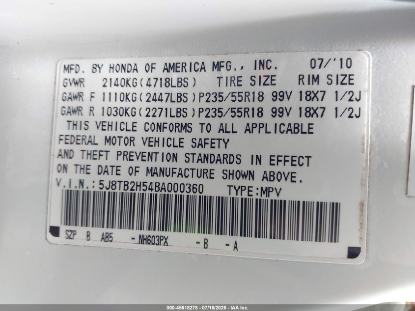 2011 Acura Rdx VIN: 5J8TB2H54BA000360 Lot: 45618278