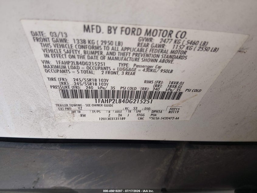 2013 Ford Police Interceptor VIN: 1FAHP2L84DG215251 Lot: 45618287