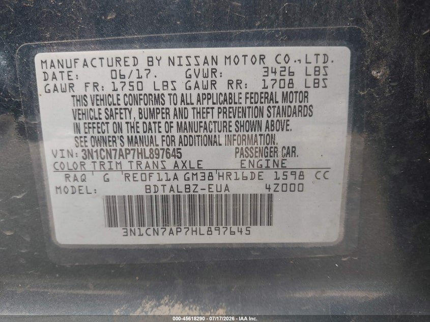 2017 Nissan Versa 1.6 Sv VIN: 3N1CN7AP7HL897645 Lot: 45618290