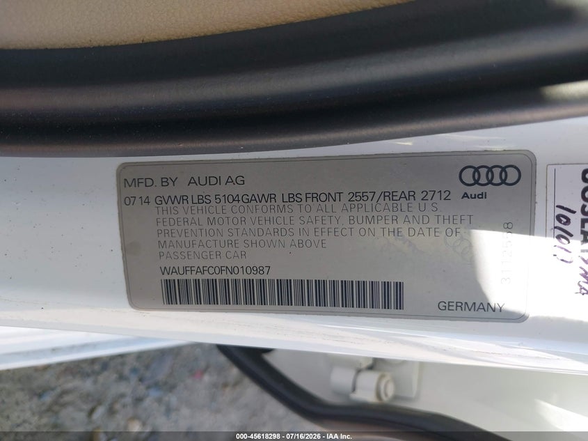 2015 Audi A6 2.0T Premium VIN: WAUFFAFC0FN010987 Lot: 45618298