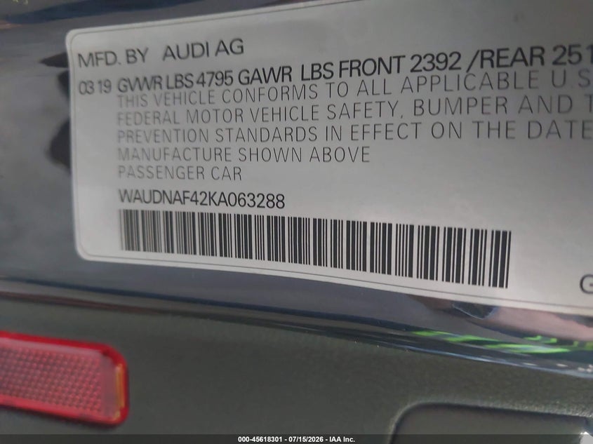 AUDI A4 2019 VIN WAUDNAF42KA063288
