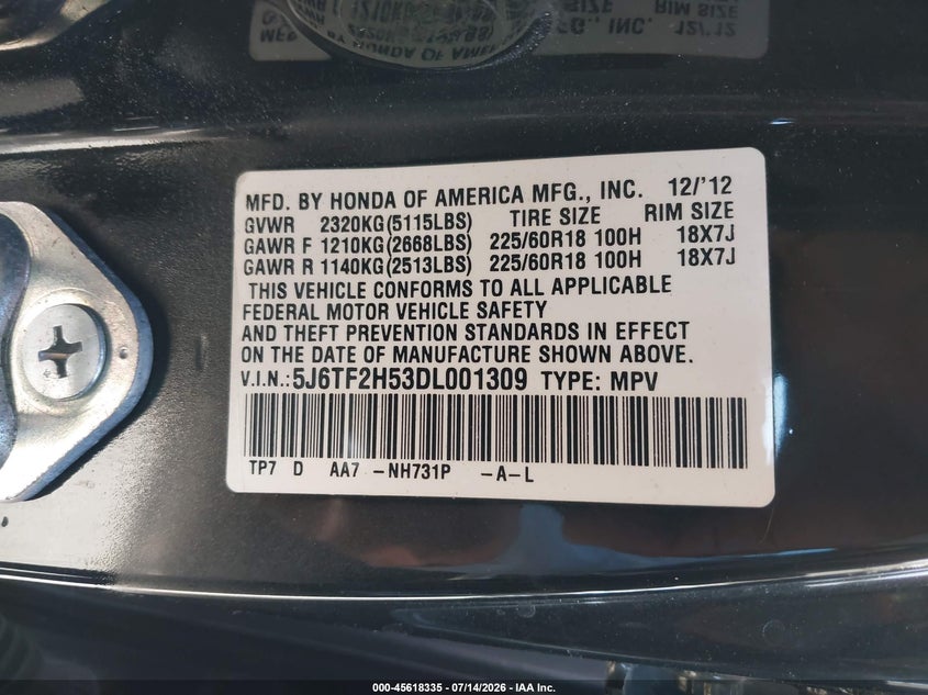 2013 Honda Crosstour Ex-L V6 VIN: 5J6TF2H53DL001309 Lot: 45618335