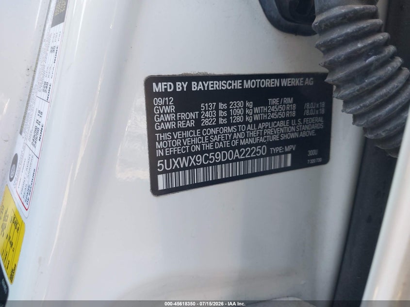 2013 BMW X3 xDrive28I VIN: 5UXWX9C59D0A22250 Lot: 45618350