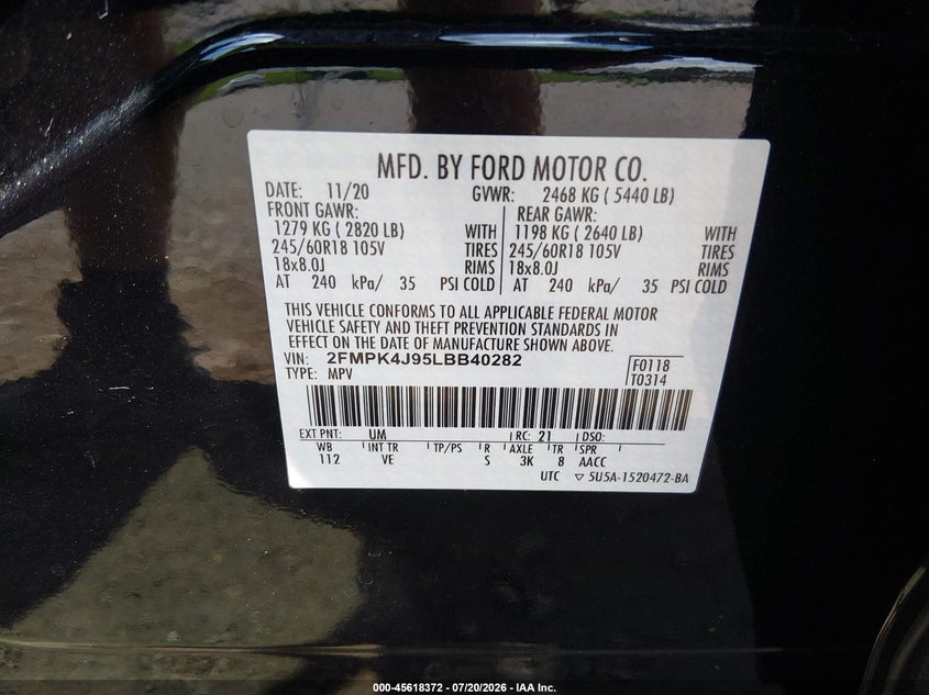 2020 Ford Edge Sel VIN: 2FMPK4J95LBB40282 Lot: 45618372
