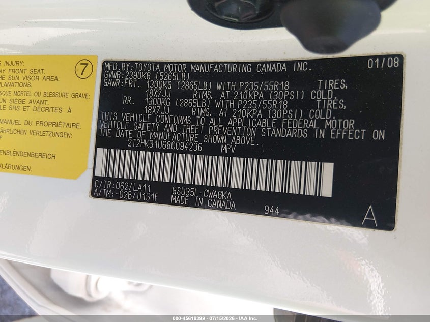 2008 Lexus Rx 350 VIN: 2T2HK31U68C094236 Lot: 45618399