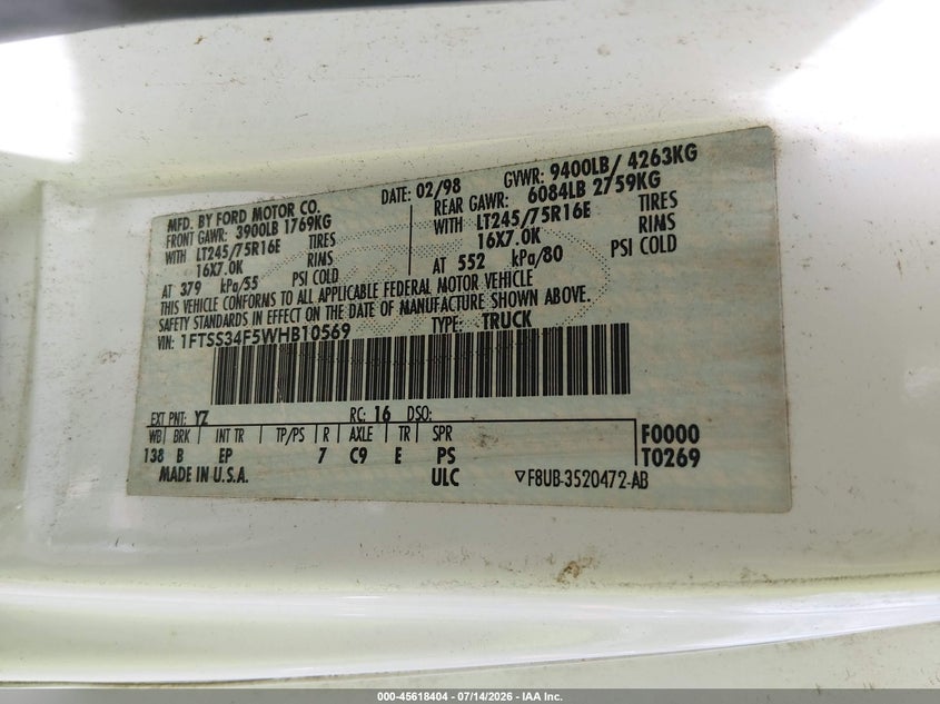 1998 Ford E-350 Commercial/Recreational VIN: 1FTSS34F5WHB10569 Lot: 45618404