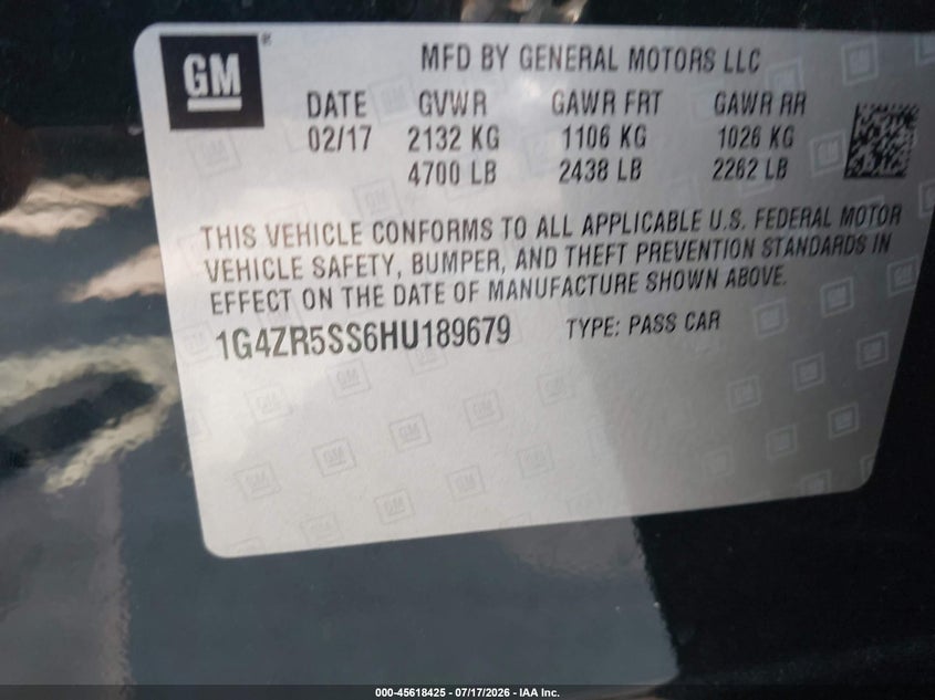 2017 Buick Lacrosse Premium VIN: 1G4ZR5SS6HU189679 Lot: 45618425