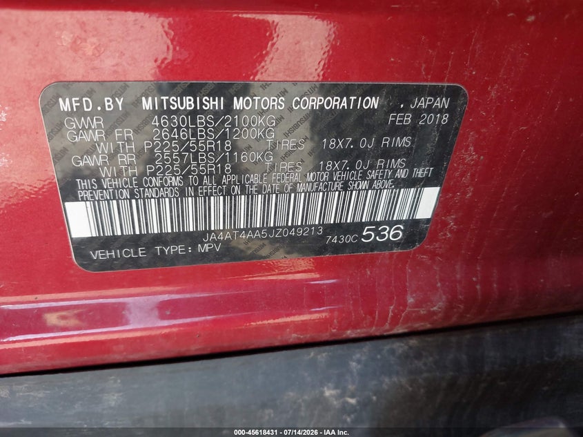 2018 Mitsubishi Eclipse Cross Le VIN: JA4AT4AA5JZ049213 Lot: 45618431
