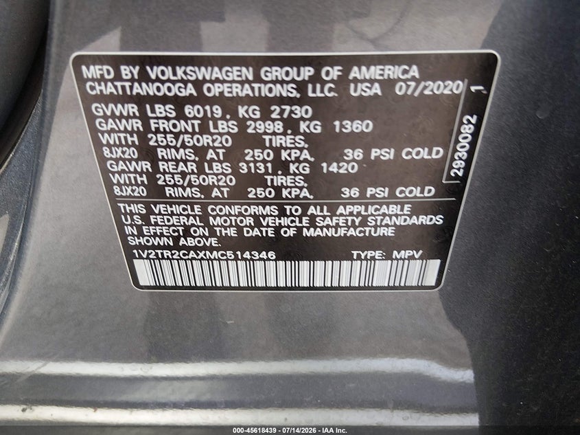 2021 Volkswagen Atlas 3.6L V6 Sel Premium VIN: 1V2TR2CAXMC514346 Lot: 45618439