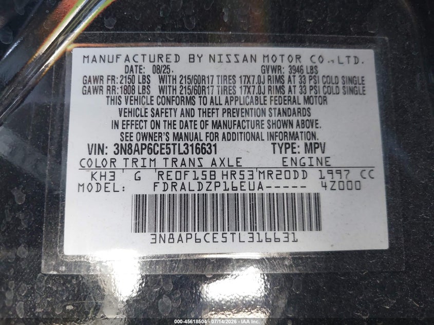 2026 Nissan Kicks Sv VIN: 3N8AP6CE5TL316631 Lot: 45618504