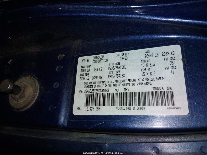 1994 Dodge Ram Wagon B250 VIN: 2B4HB25Y2RK131009 Lot: 45618552