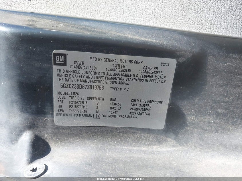 2007 Saturn Vue 4 Cyl VIN: 5GZCZ33D67S819756 Lot: 45618566