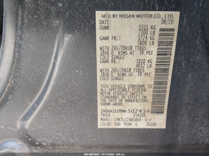 2021 Nissan Titan Sv 4X4 VIN: 1N6AA1ED9MN502434 Lot: 45618603