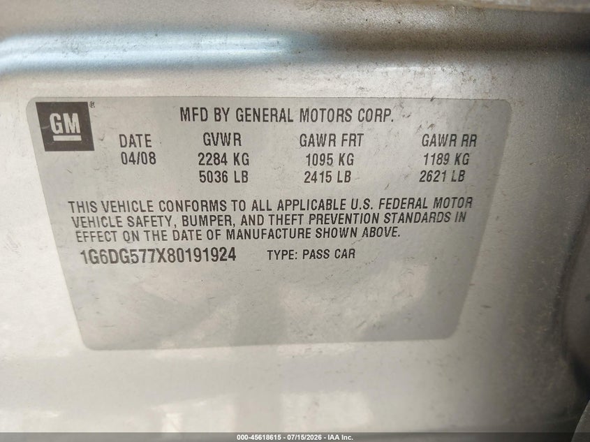 2008 Cadillac Cts Awd W/1Sa VIN: 1G6DG577X80191924 Lot: 45618615