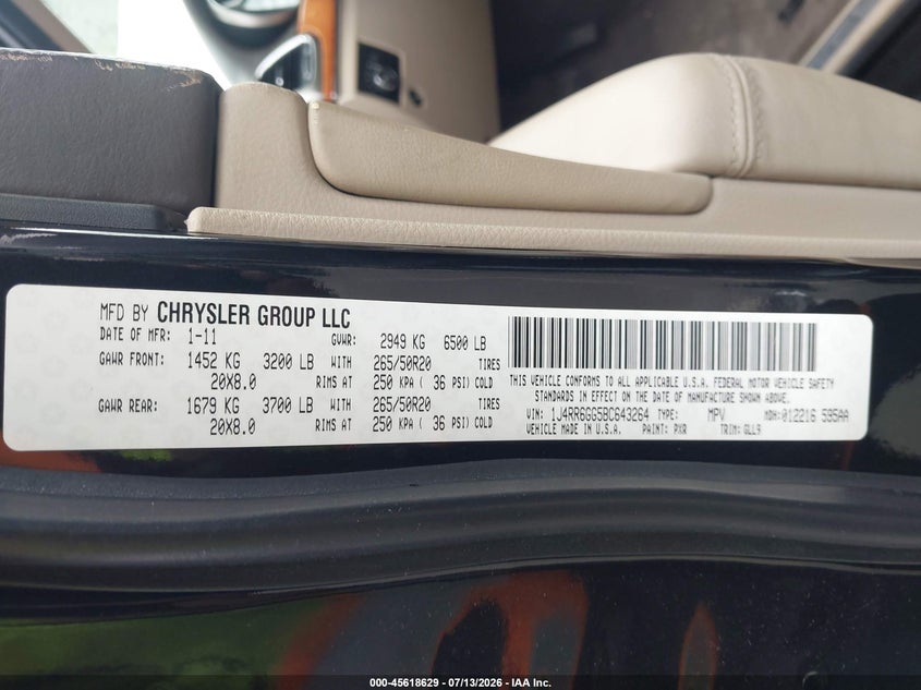 2011 Jeep Grand Cherokee Overland VIN: 1J4RR6GG5BC643264 Lot: 45618629