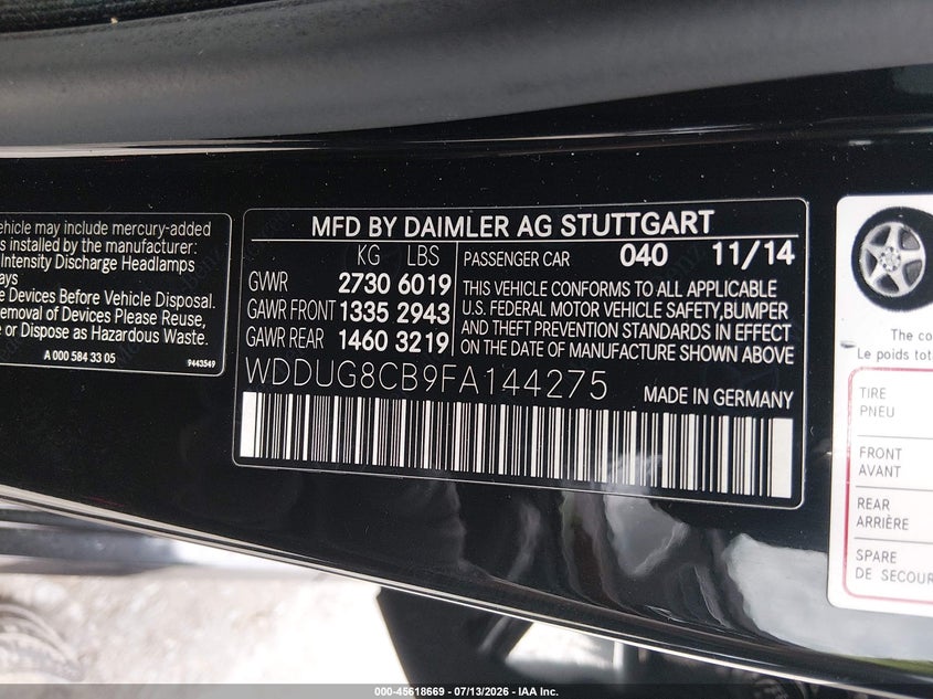 2015 Mercedes-Benz S 550 VIN: WDDUG8CB9FA144275 Lot: 45618669