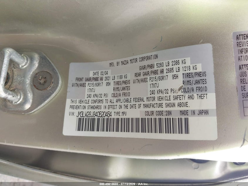 2004 Mazda Mpv Lx VIN: JM3LW28J840520464 Lot: 45618680