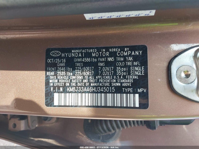 2017 Hyundai Tucson Se VIN: KM8J33A46HU345015 Lot: 45618683